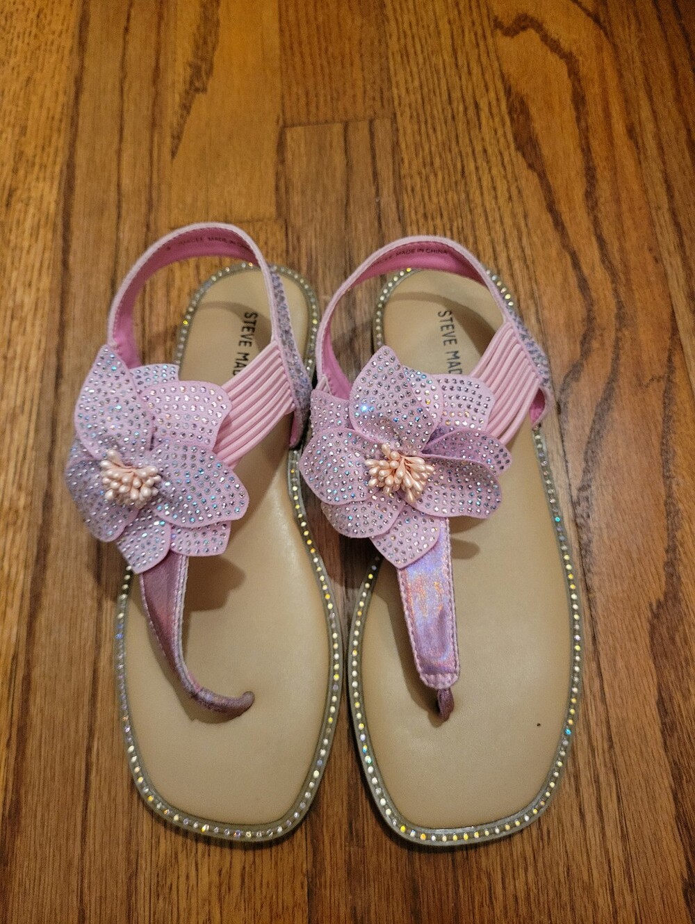 Steve Madden Pink Floral T-Strap Kids Sandals with Sparkle Trim